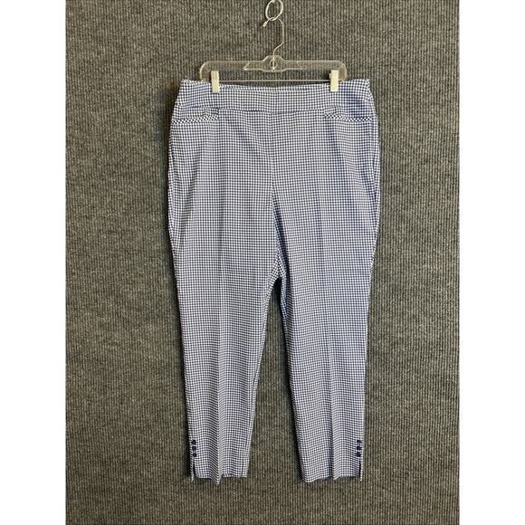 Chico's Womens Pull On Checkered Pants Sz 14 Stretchy Preppy Blue White Mid Rise - Picture 1 of 10
